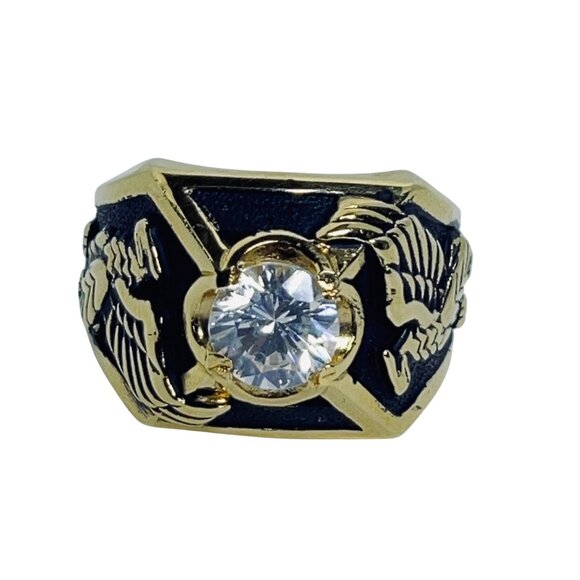 Vintage 14k Yellow Gold Electroplate And Black Enamel Men's Eagle Ring (R399) - Picture 5 of 9